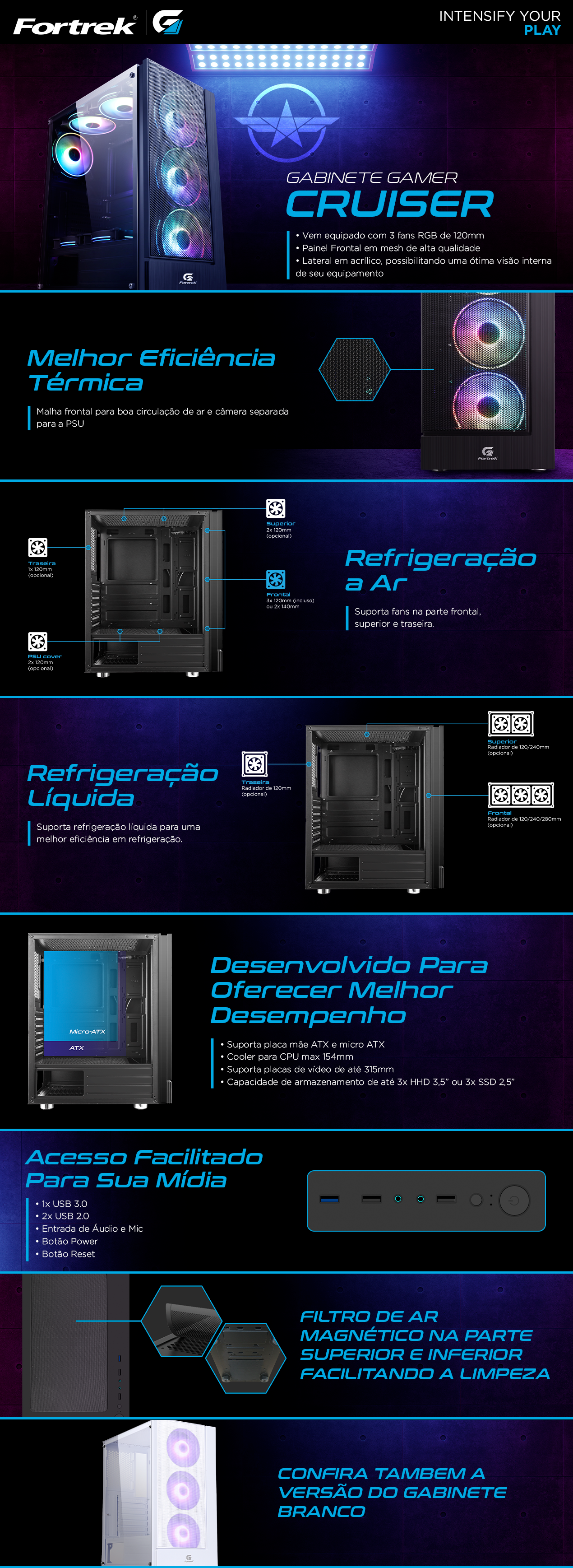 Gabinete Gamer Fortrek Cruiser Mid Tower RGB Preto