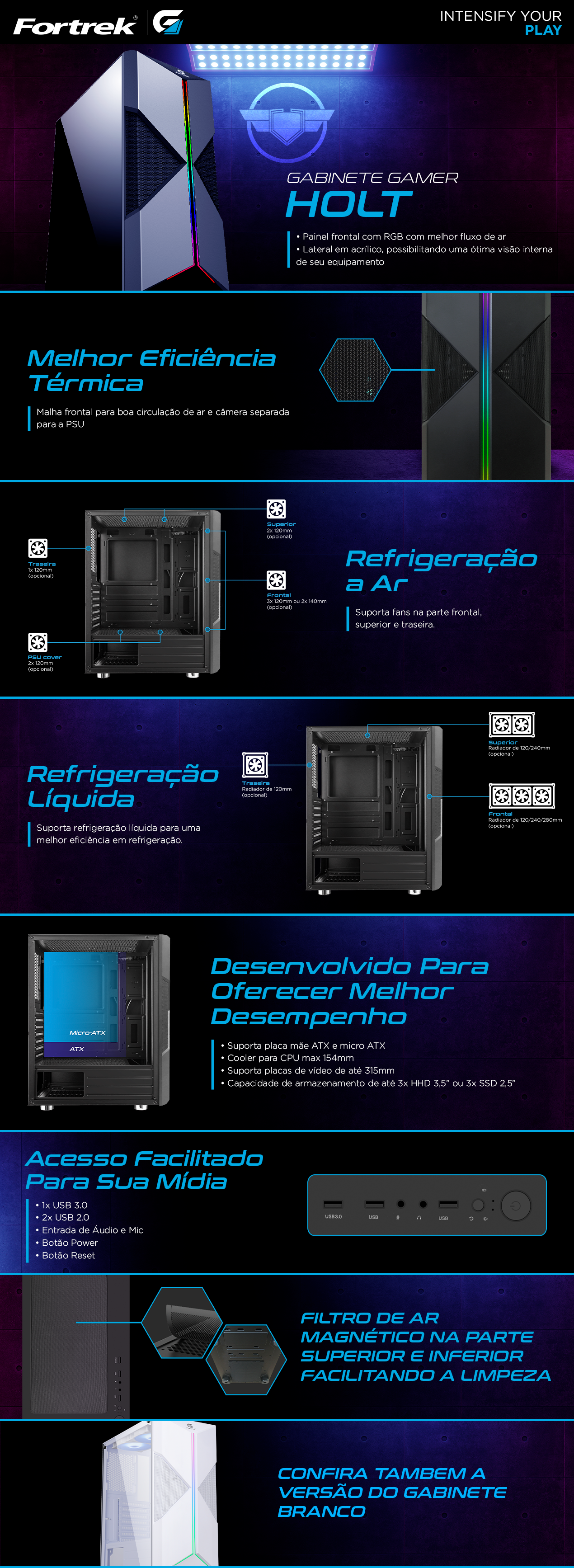 Gabinete Gamer Fortrek Holt Mid Tower RGB Preto