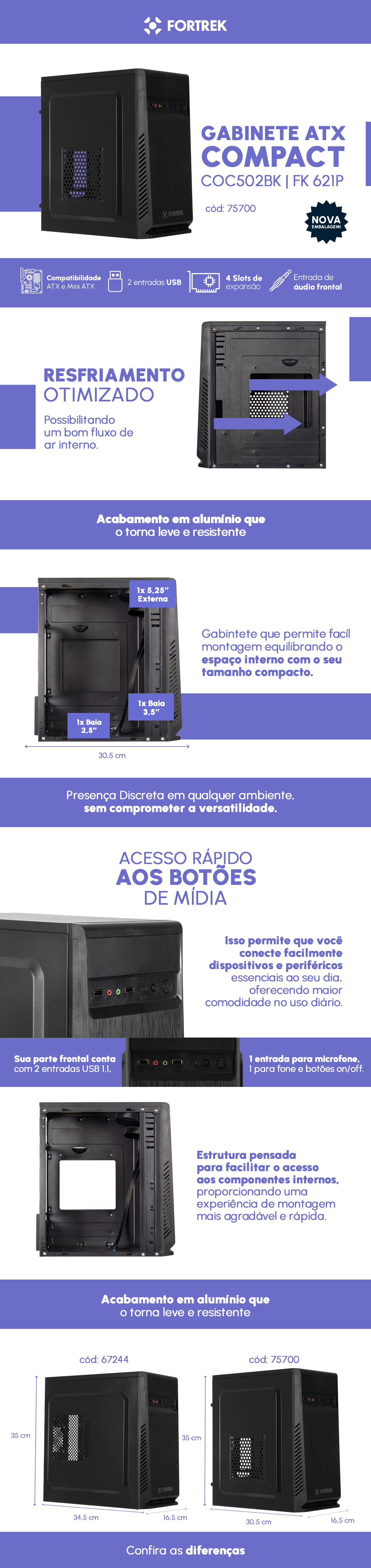 Gabinete ATX Fortrek COC502BK Compact Preto FK 621P
