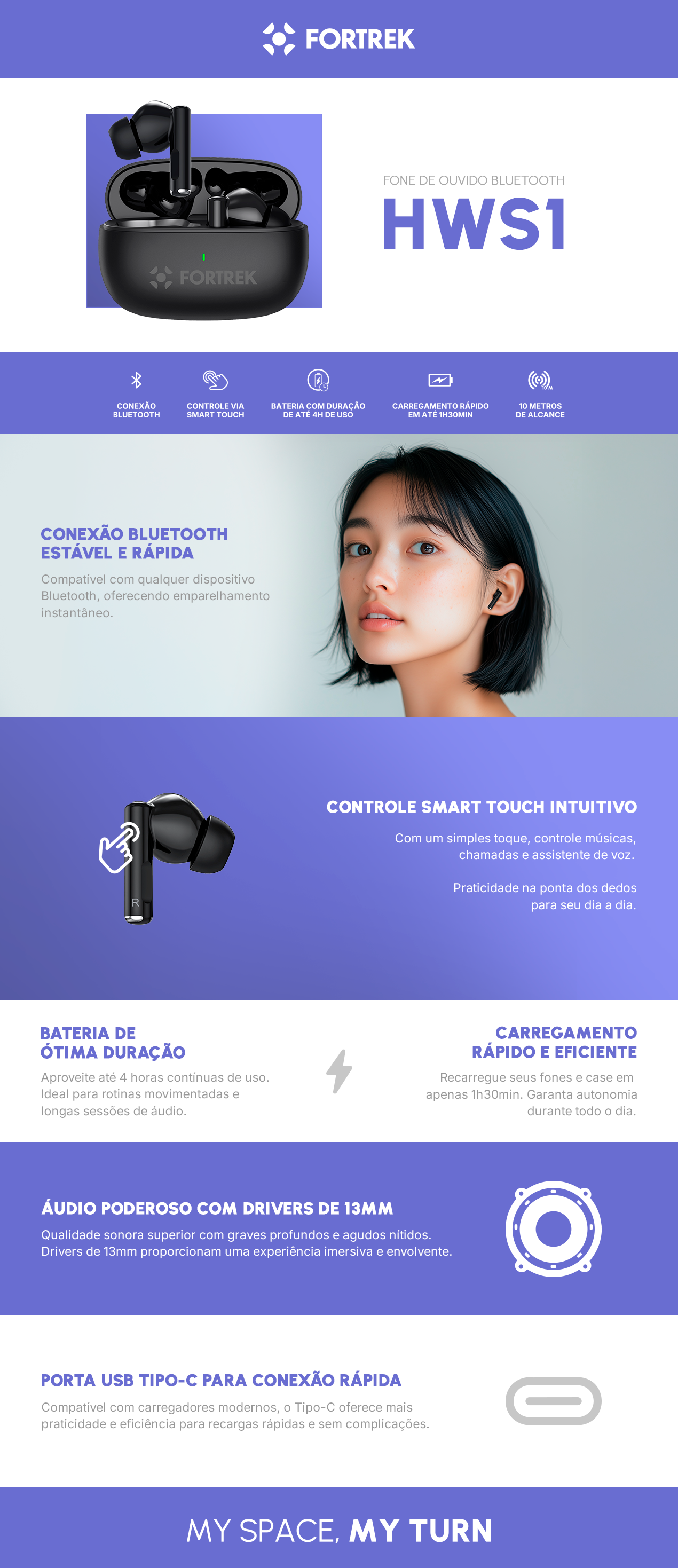 Fone de Ouvido Bluetooth Sem Fio Fortrek HWS1