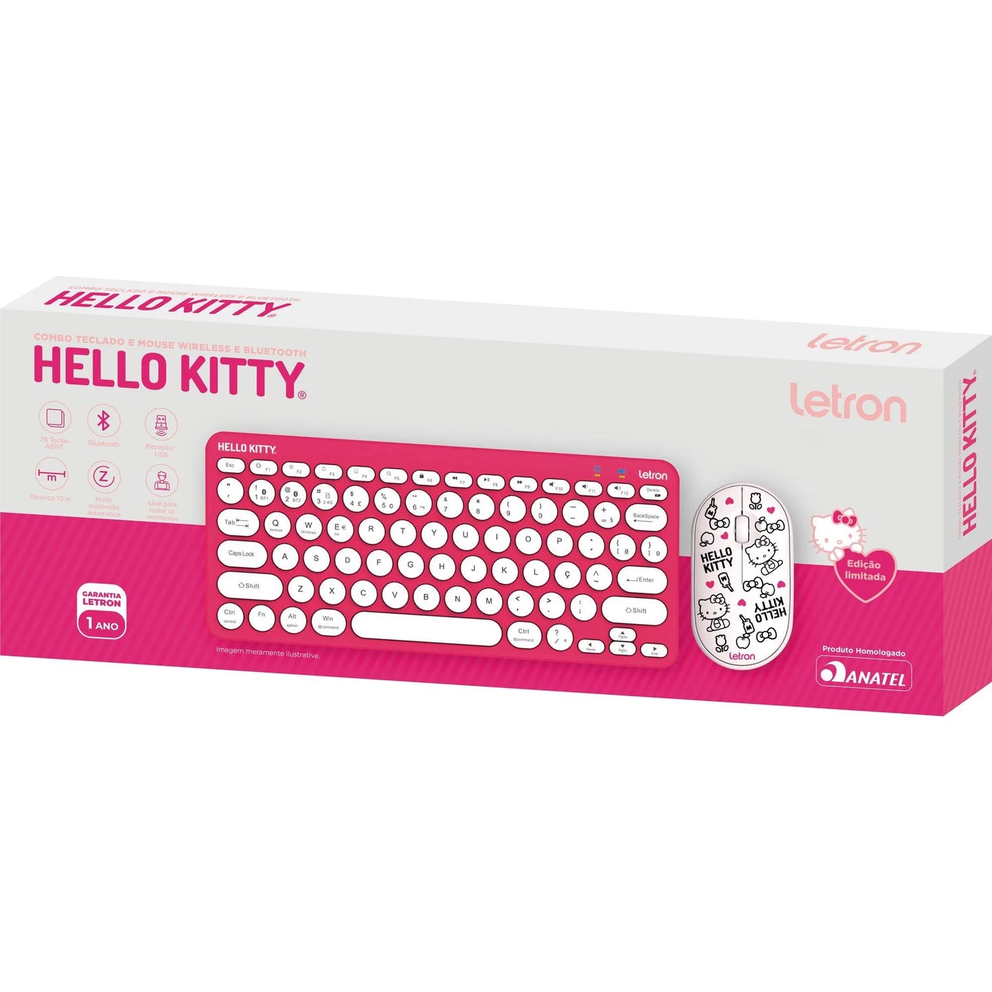 Kit Teclado e Mouse Sem Fio Letron Hello Kitty Rosa