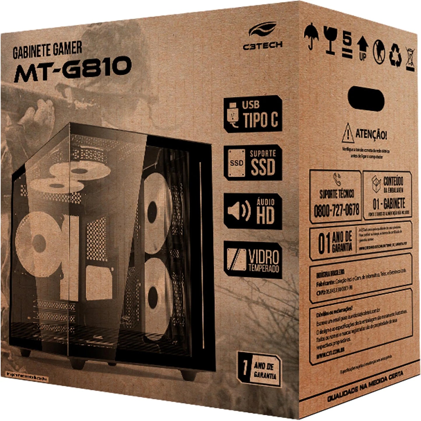 Gabinete Gamer C3Tech Aquarius MT-G810 Sem Fans Preto
