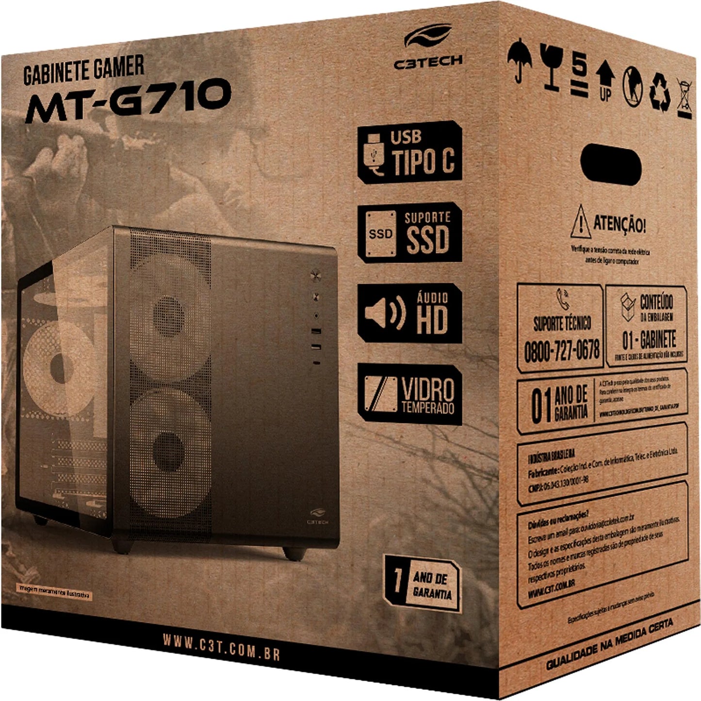 Gabinete Gamer C3Tech Aquarius MT-G710 Sem Fans Preto
