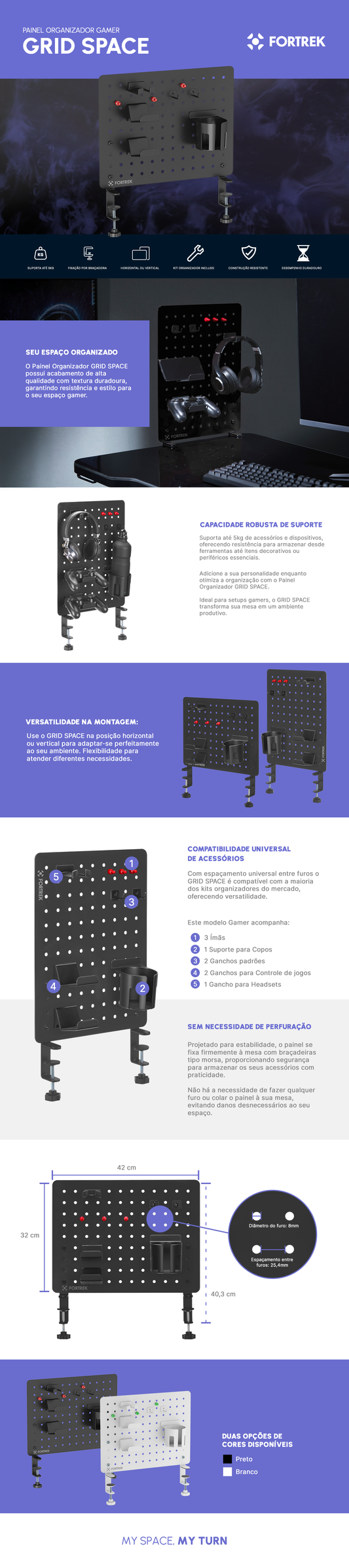 Painel Organizador Fortrek Grid Space Gamer Branco