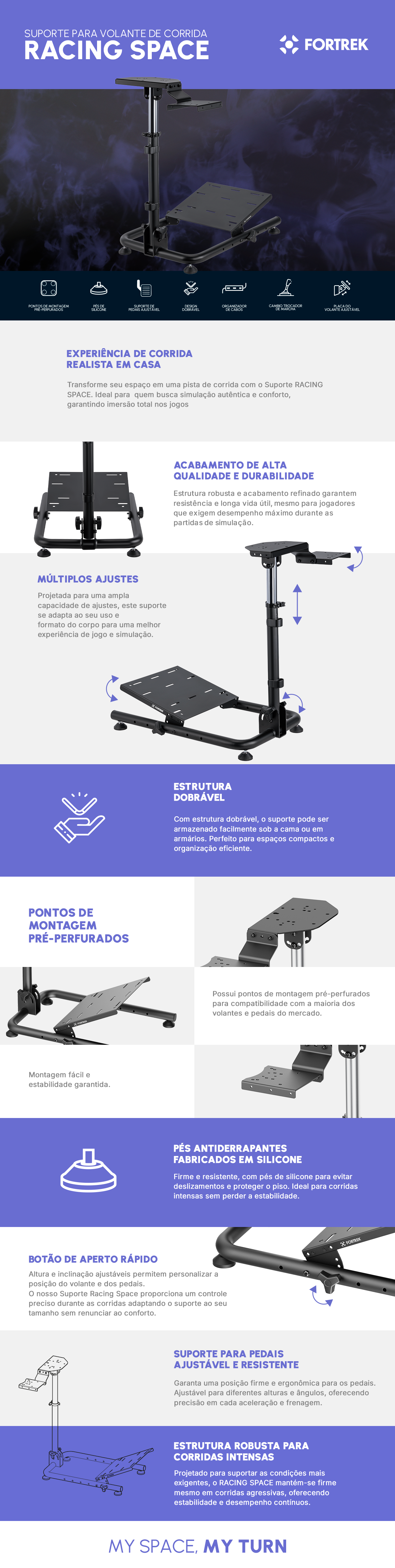 Suporte Para Volante de Corrida Fortrek Racing Space Cockipt Simulador