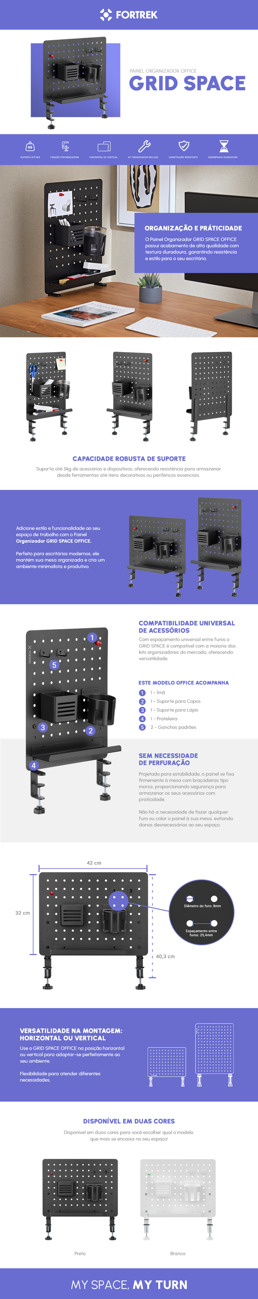 Painel Organizador Fortrek Grid Space Office Preto